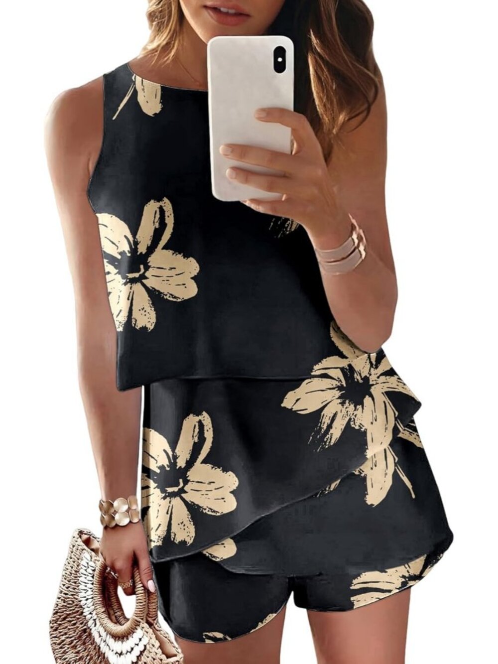Women's Black Floral Summer Casual Ruffle Chiffon Polyester Sleeveless Romper